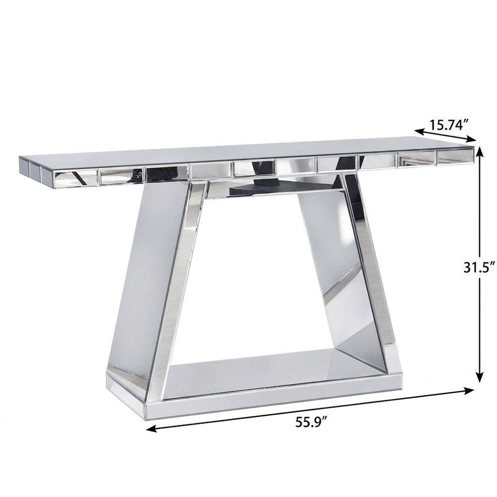 56" Silver Mirrored Glass Geometric Pedestal Console Table