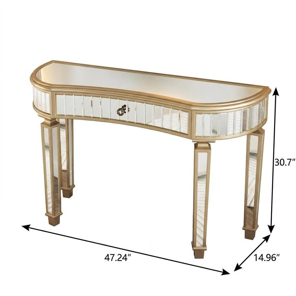 47" Gold And Silver Mirrored Glass And Solid Wood Half Moon Console Table With Drawer