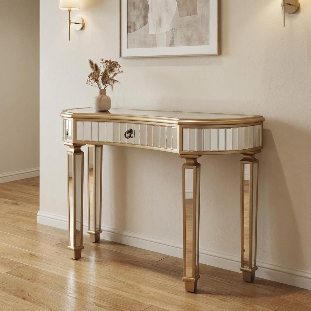 47" Gold And Silver Mirrored Glass And Solid Wood Half Moon Console Table With Drawer