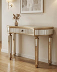 47" Gold And Silver Mirrored Glass And Solid Wood Half Moon Console Table With Drawer