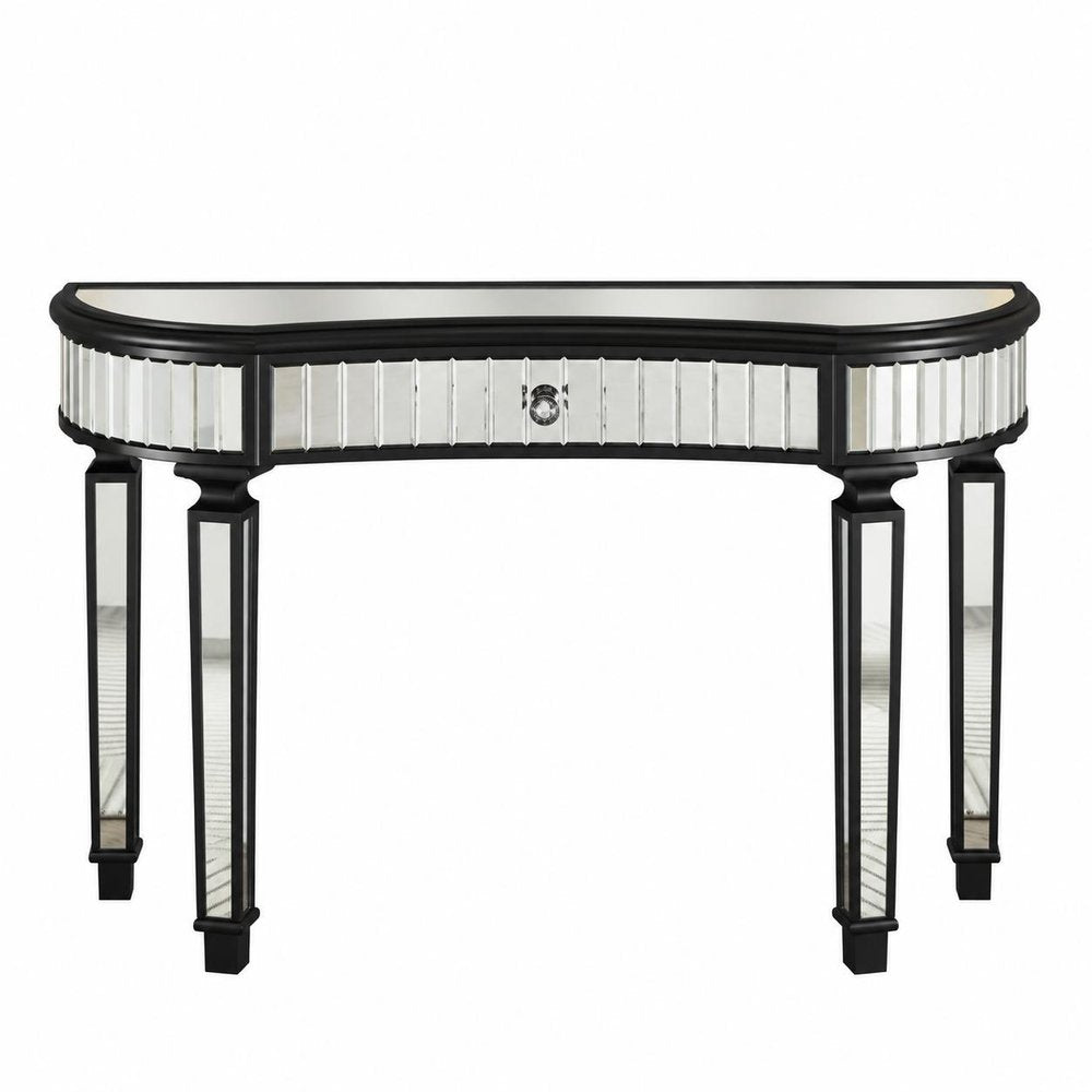 47" Gold And Silver Mirrored Glass And Solid Wood Half Moon Console Table With Drawer