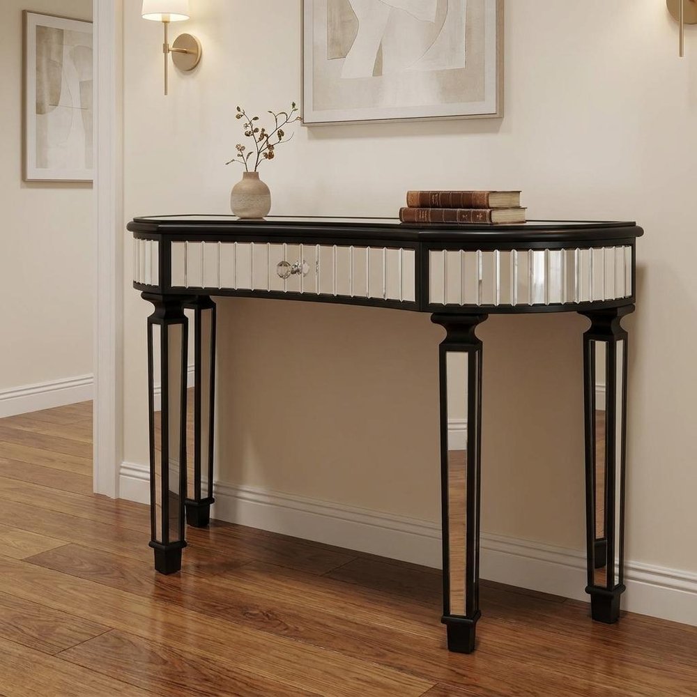 47" Gold And Silver Mirrored Glass And Solid Wood Half Moon Console Table With Drawer