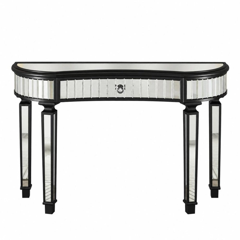 47" Gold And Silver Mirrored Glass And Solid Wood Half Moon Console Table With Drawer