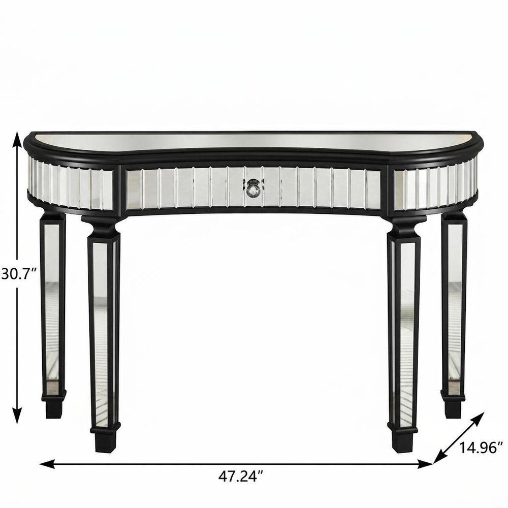 47" Gold And Silver Mirrored Glass And Solid Wood Half Moon Console Table With Drawer