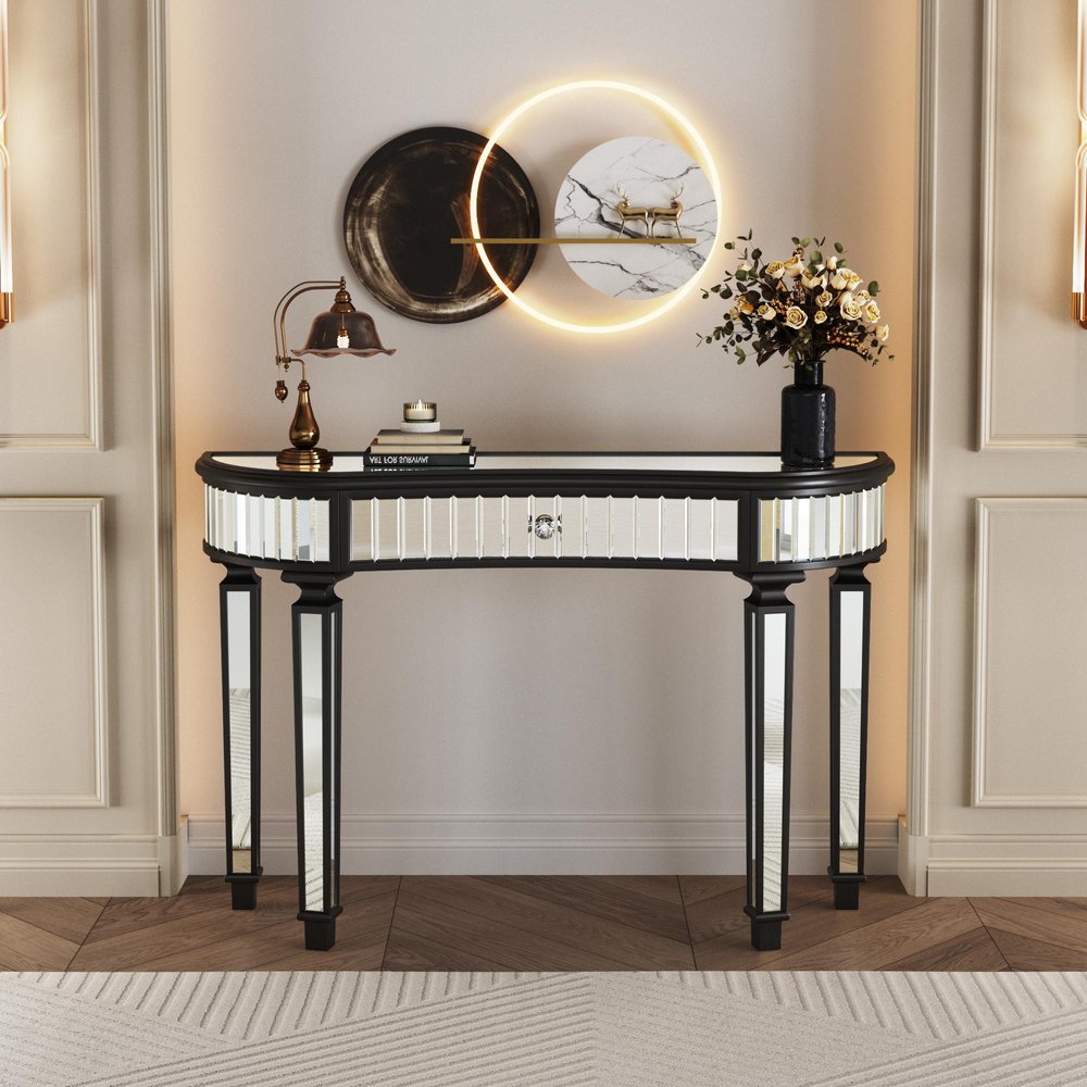 47" Gold And Silver Mirrored Glass And Solid Wood Half Moon Console Table With Drawer
