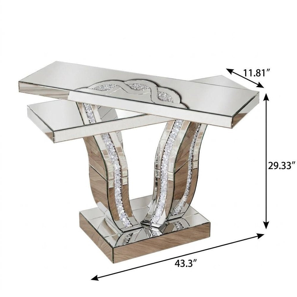 43" Silver Wood Glass Solid Wood Faux Crystal And Stone Pedestal Console Table