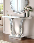 43" Silver Wood Glass Solid Wood Faux Crystal And Stone Pedestal Console Table