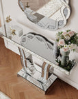 43" Silver Wood Glass Solid Wood Faux Crystal And Stone Pedestal Console Table