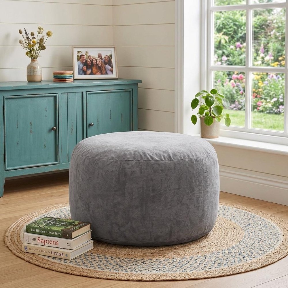35" Gray Upholstered Bean Bag Chair