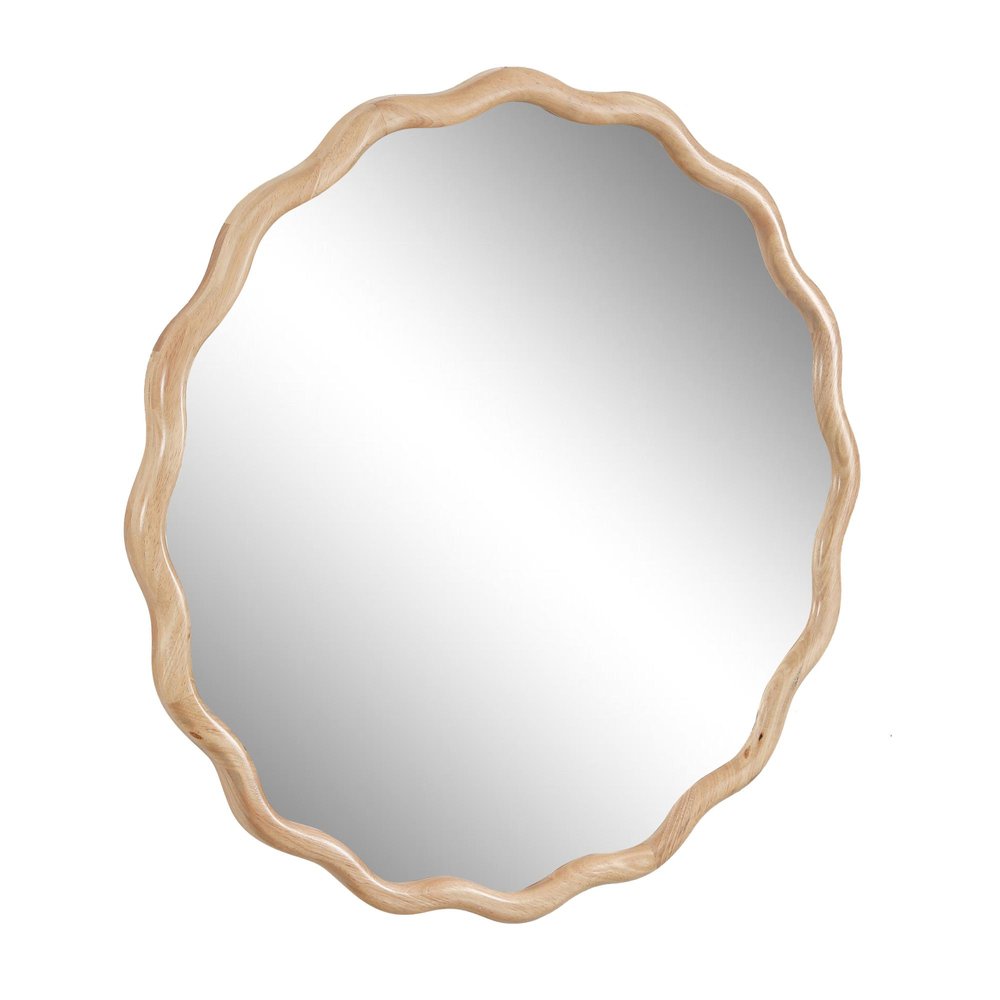 31" Natural Solid Wood Scalloped Round Framed Bathroom Vanity Mirror