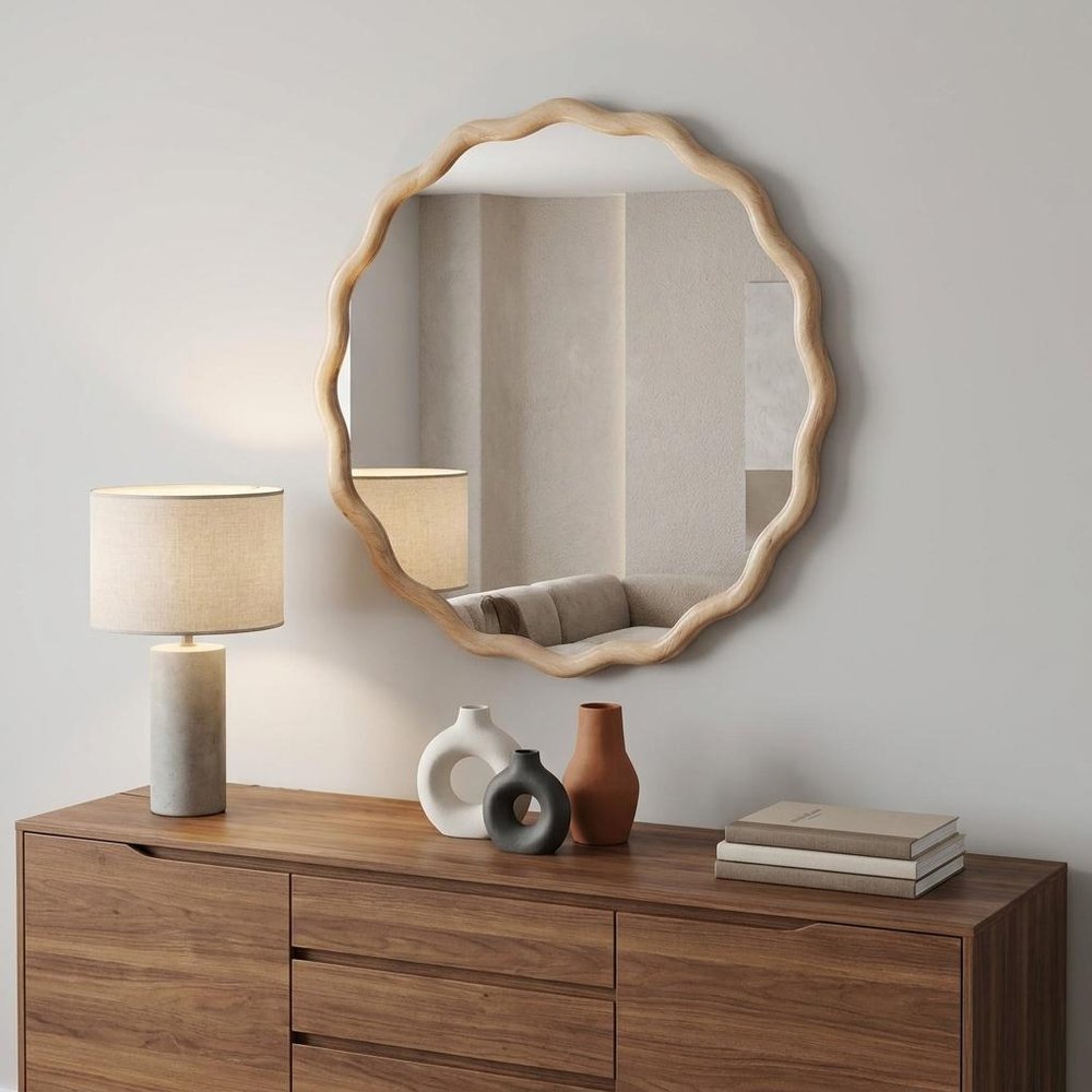 31" Natural Solid Wood Scalloped Round Framed Bathroom Vanity Mirror