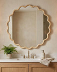 31" Natural Solid Wood Scalloped Round Framed Bathroom Vanity Mirror