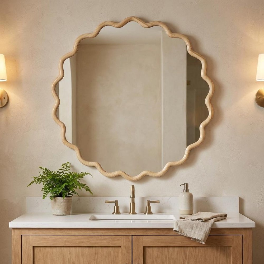 31" Natural Solid Wood Scalloped Round Framed Bathroom Vanity Mirror