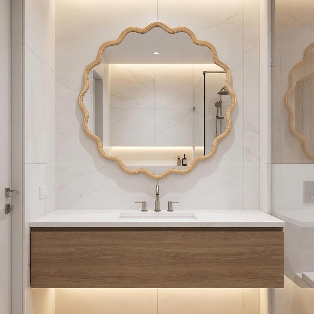 31" Natural Solid Wood Scalloped Round Framed Bathroom Vanity Mirror