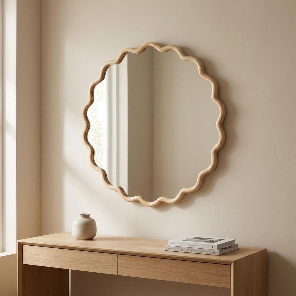 31" Natural Solid Wood Scalloped Round Framed Bathroom Vanity Mirror