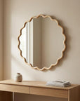 31" Natural Solid Wood Scalloped Round Framed Bathroom Vanity Mirror