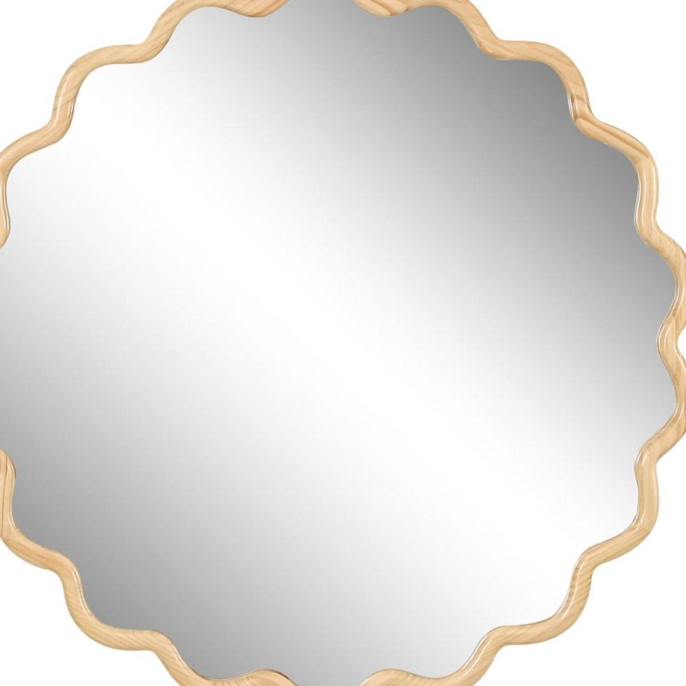 31" Natural Solid Wood Scalloped Round Framed Bathroom Vanity Mirror