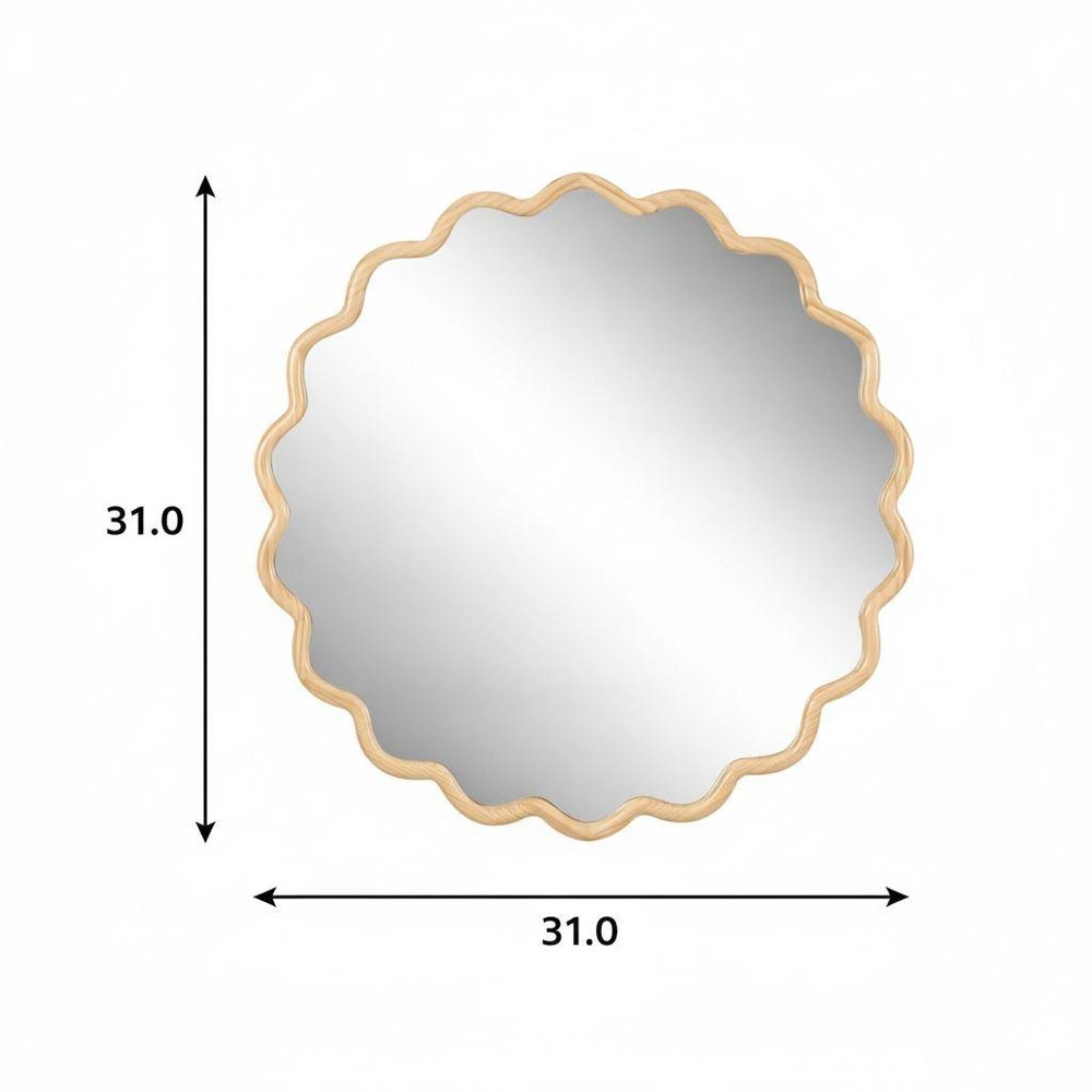 31" Natural Solid Wood Scalloped Round Framed Bathroom Vanity Mirror