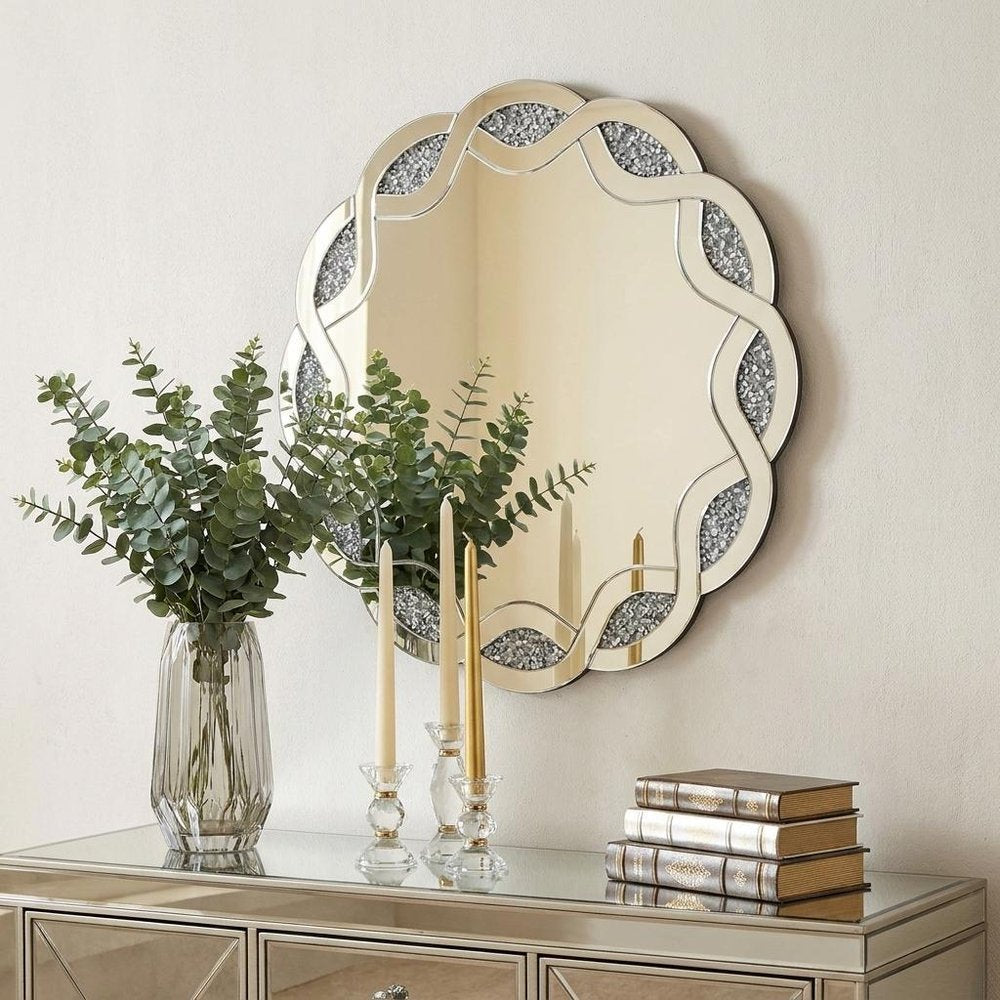 32" Silver Glass And Faux Crystal Round Ornate Framed Accent Mirror