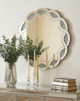 32" Silver Glass And Faux Crystal Round Ornate Framed Accent Mirror