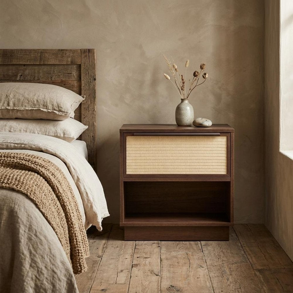 22" Walnut Wood Woven Texture One Drawer Nightstand