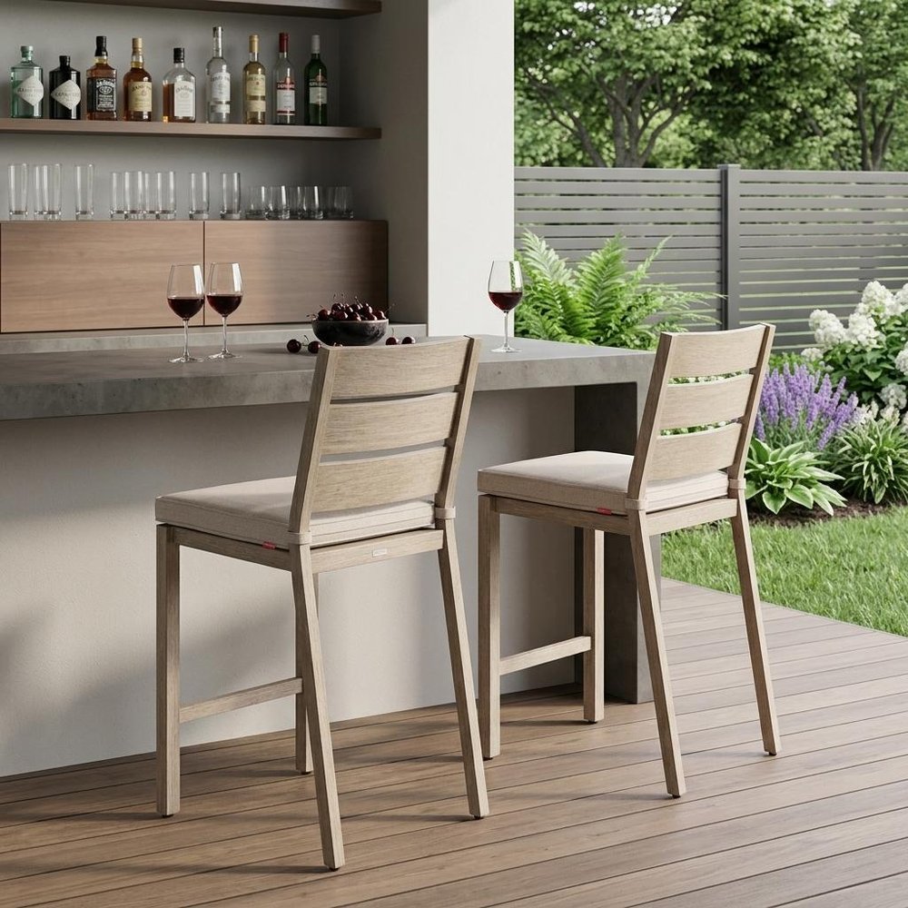 Set of Two 27" Gray Aluminum Outdoor Counter Height Bar Chairs