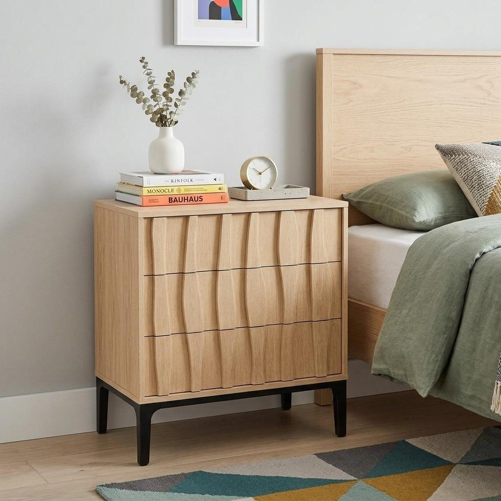 26" Walnut Wood Ribbed Texture Three Drawer Nightstand