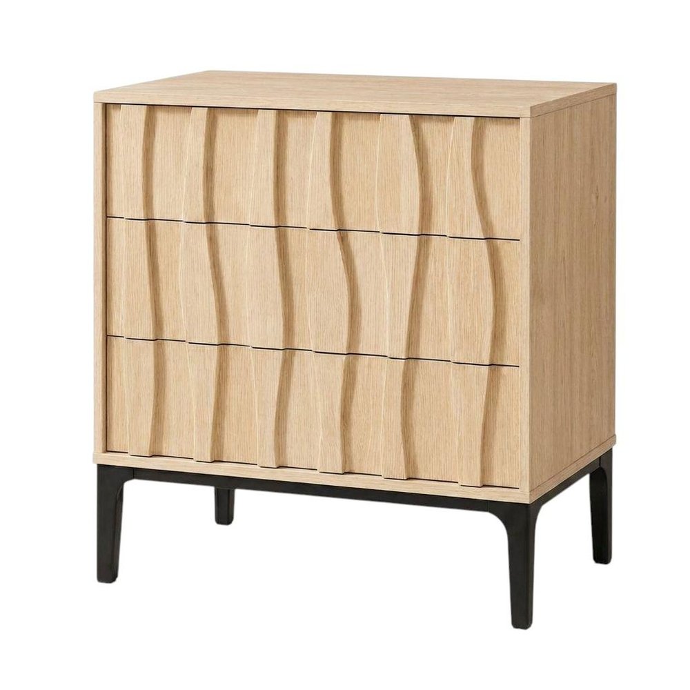 26" Walnut Wood Ribbed Texture Three Drawer Nightstand