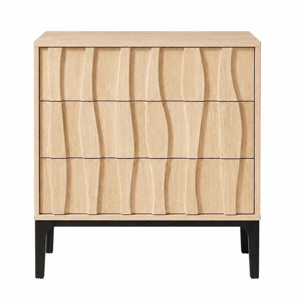 26" Walnut Wood Ribbed Texture Three Drawer Nightstand