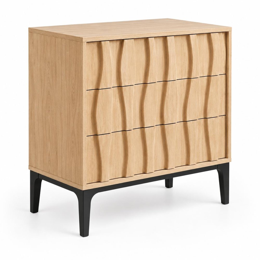 26" Walnut Wood Ribbed Texture Three Drawer Nightstand