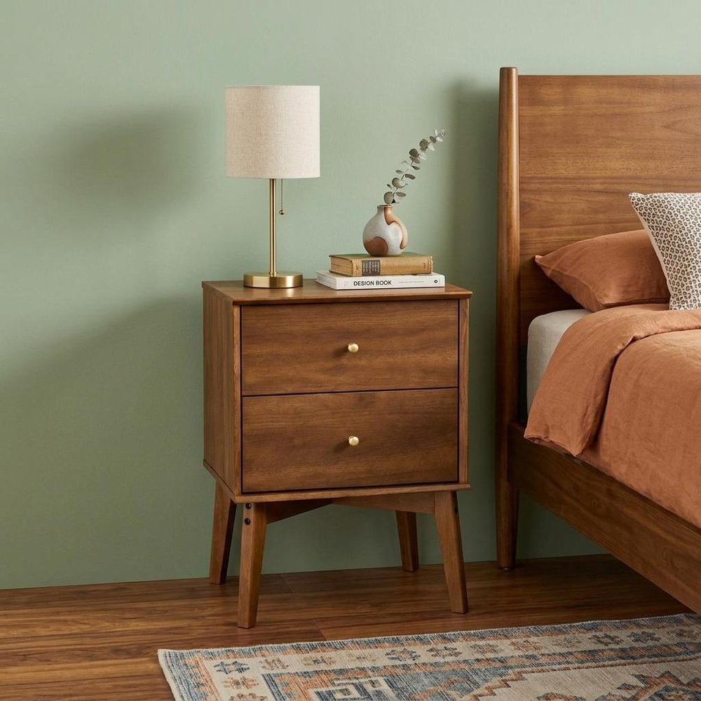 26" Oak Wood Two Drawer Nightstand