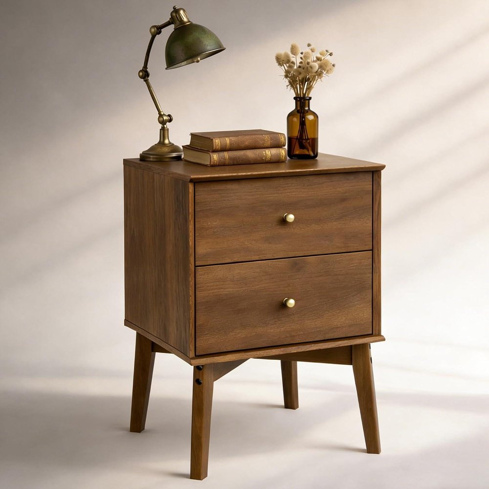 26" Oak Wood Two Drawer Nightstand