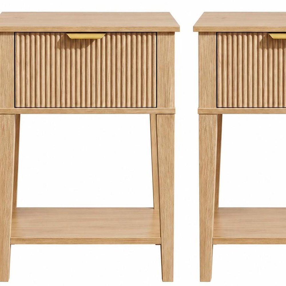 Set of Two 23" Natural Wood Ribbed Texture One Drawer Nightstand