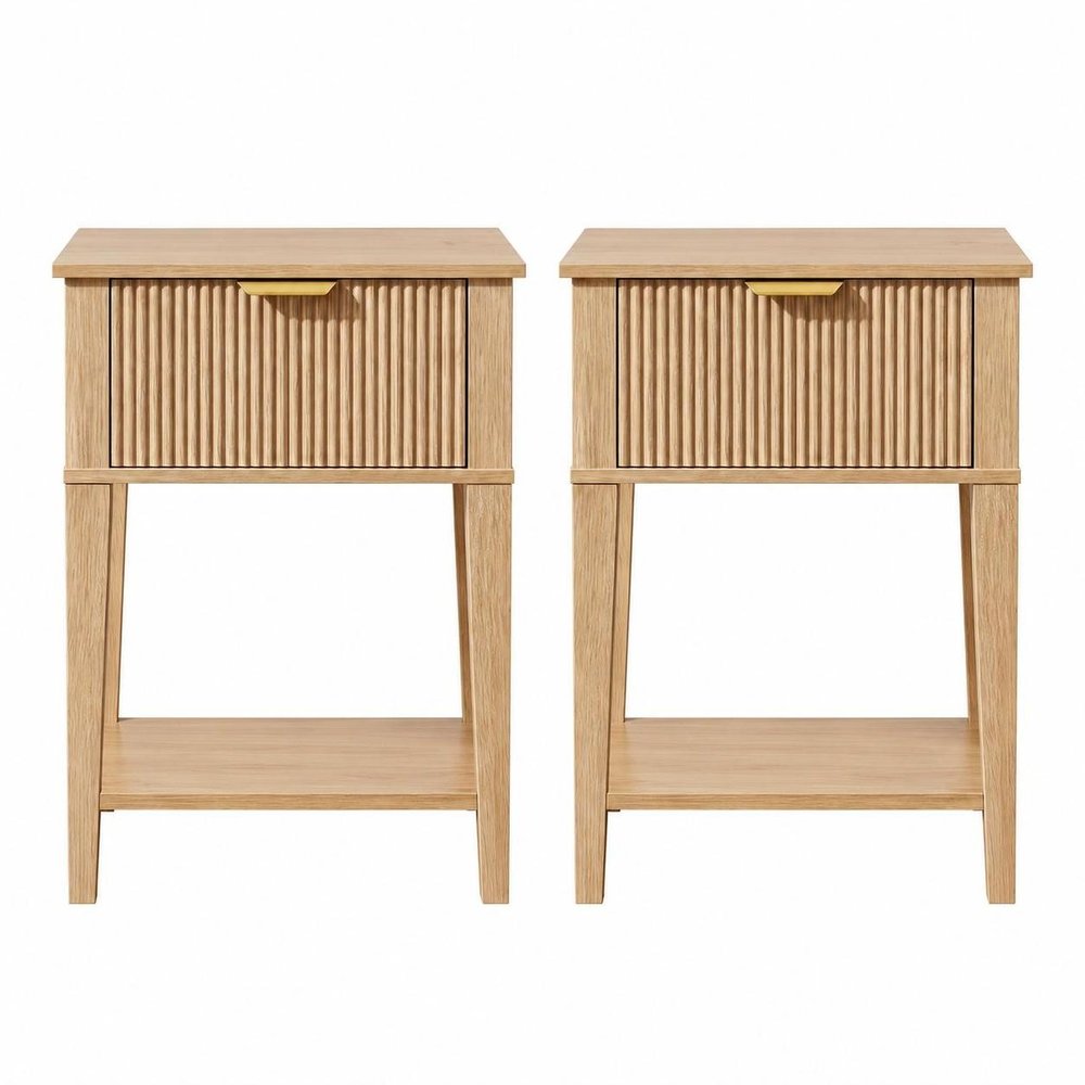 Set of Two 23" Natural Wood Ribbed Texture One Drawer Nightstand