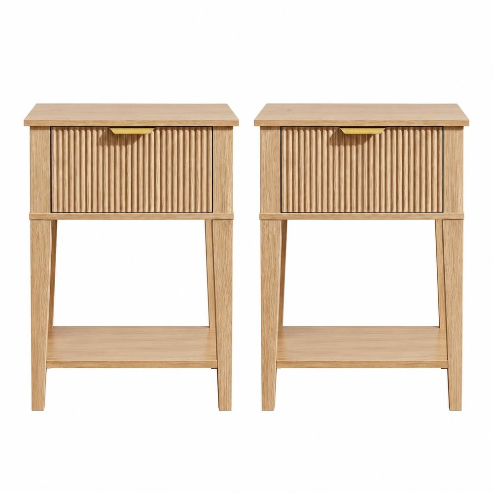 Set of Two 23" Natural Wood Ribbed Texture One Drawer Nightstand