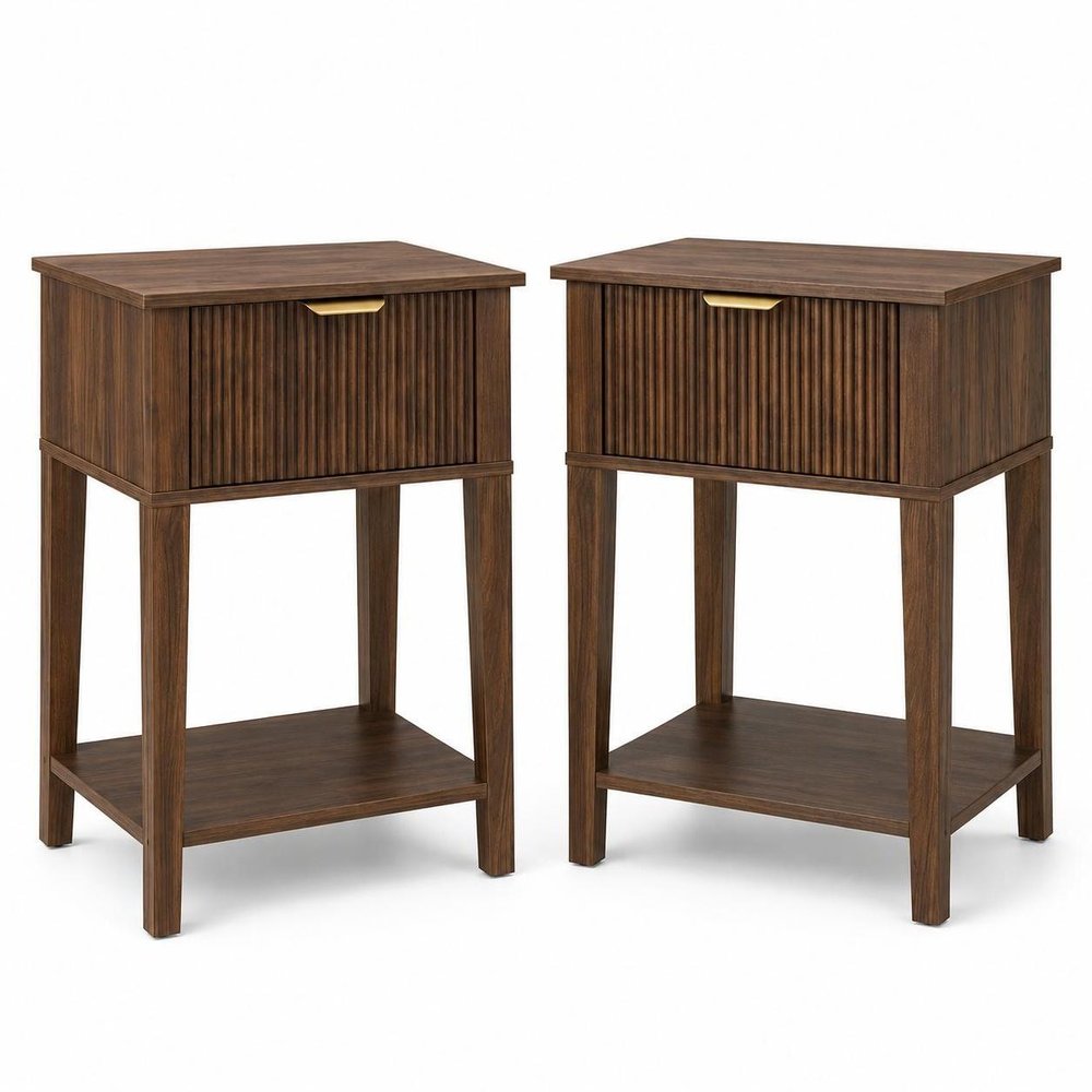 Set of Two 23" Natural Wood Ribbed Texture One Drawer Nightstand