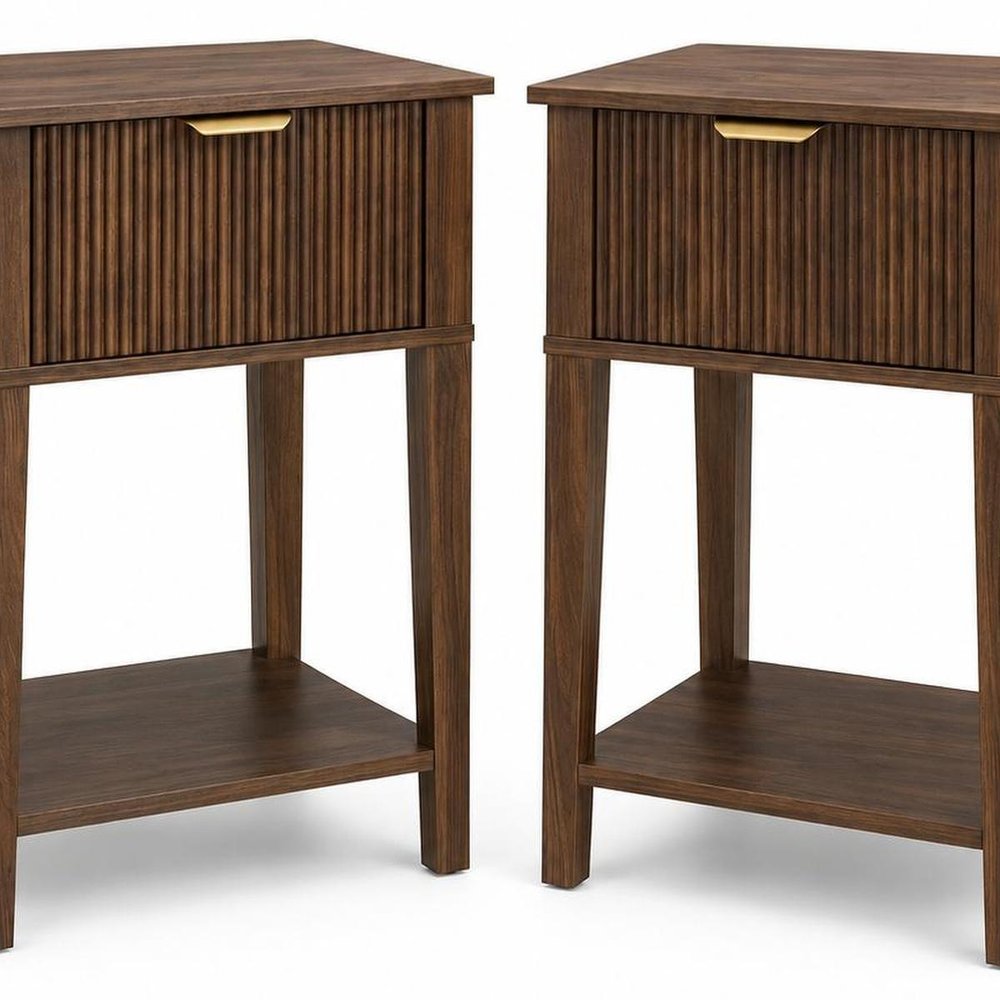 Set of Two 23" Natural Wood Ribbed Texture One Drawer Nightstand