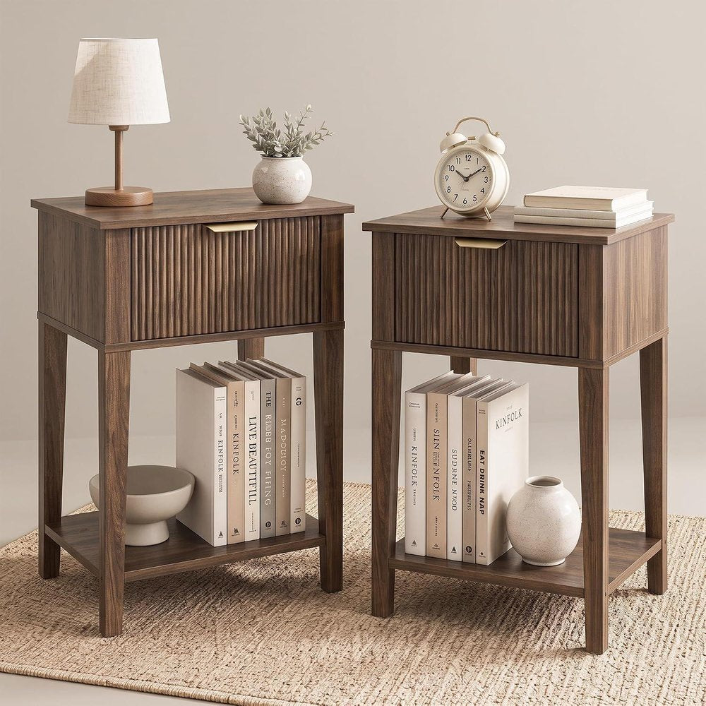Set of Two 23" Natural Wood Ribbed Texture One Drawer Nightstand