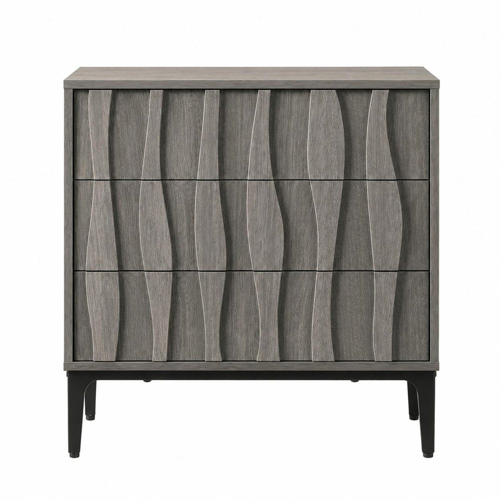 26" Walnut Wood Ribbed Texture Three Drawer Nightstand
