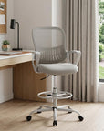 Gray And White Swivel Rolling Drafting Chair With Footrest