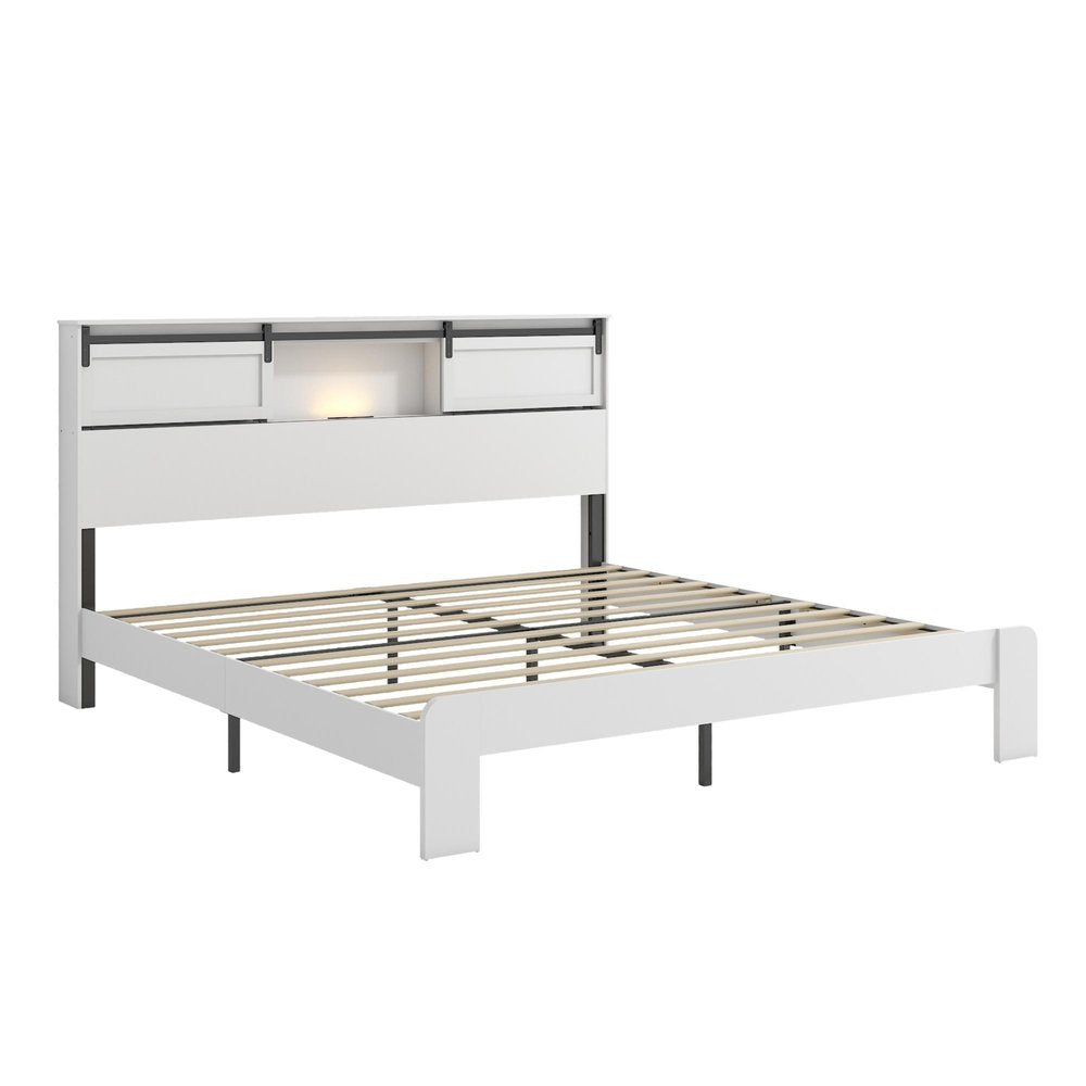 White Metal King Bed Frame With USB