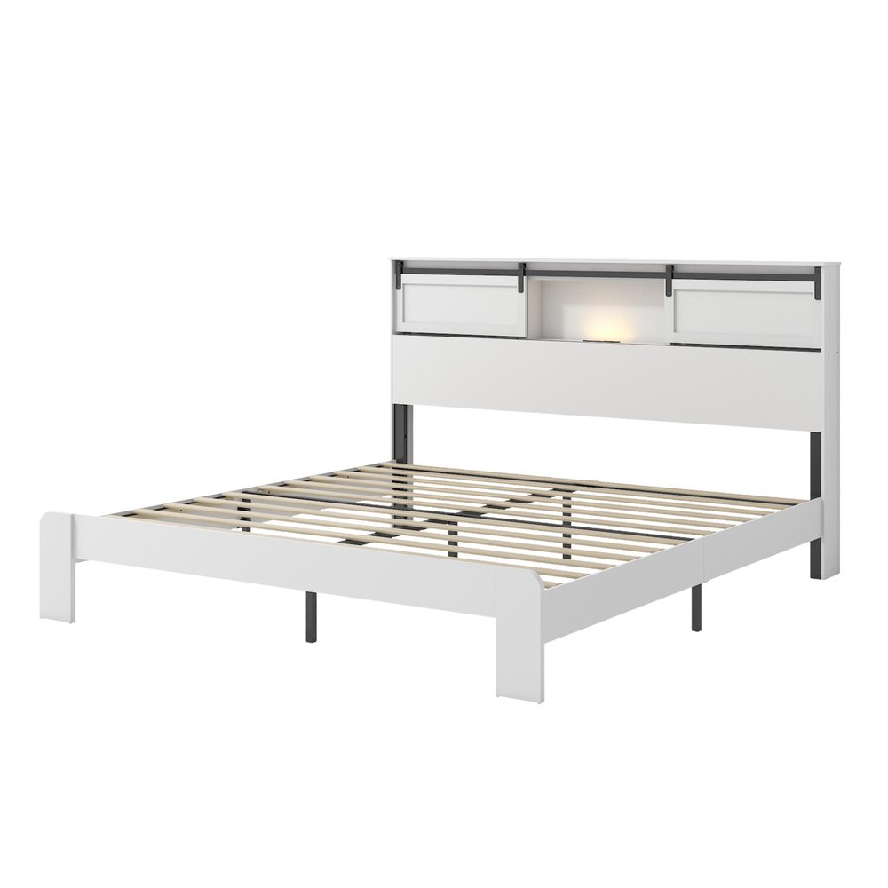 White Metal King Bed Frame With USB
