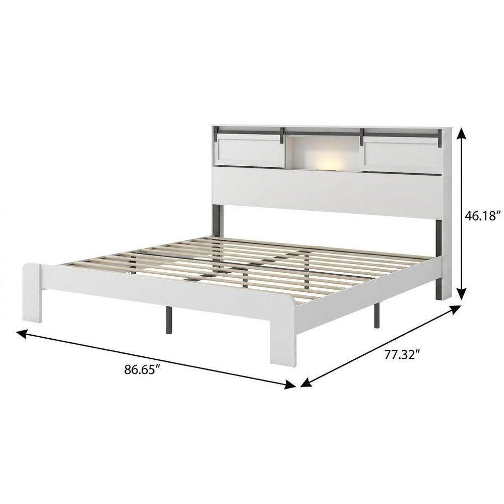 White Metal King Bed Frame With USB
