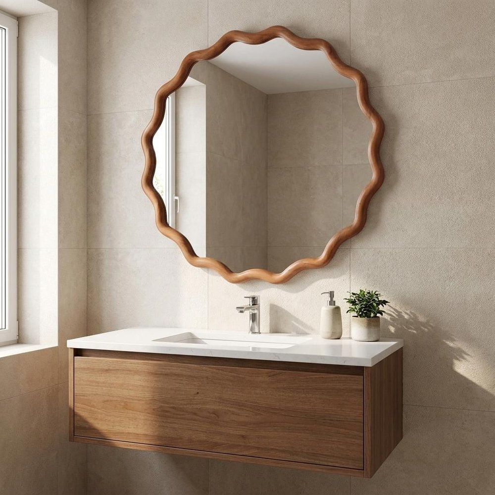 36" Golden Brown Solid Wood Scalloped Framed Accent Mirror