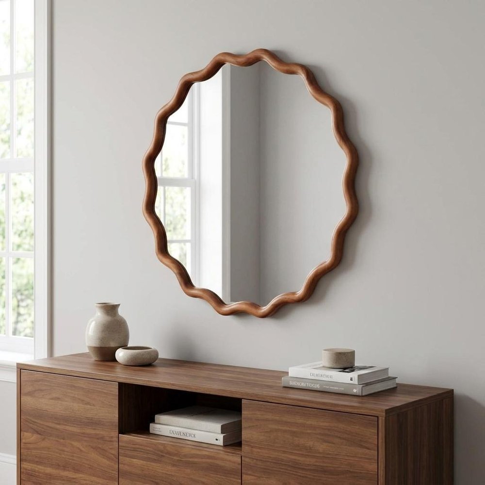 36" Golden Brown Solid Wood Scalloped Framed Accent Mirror