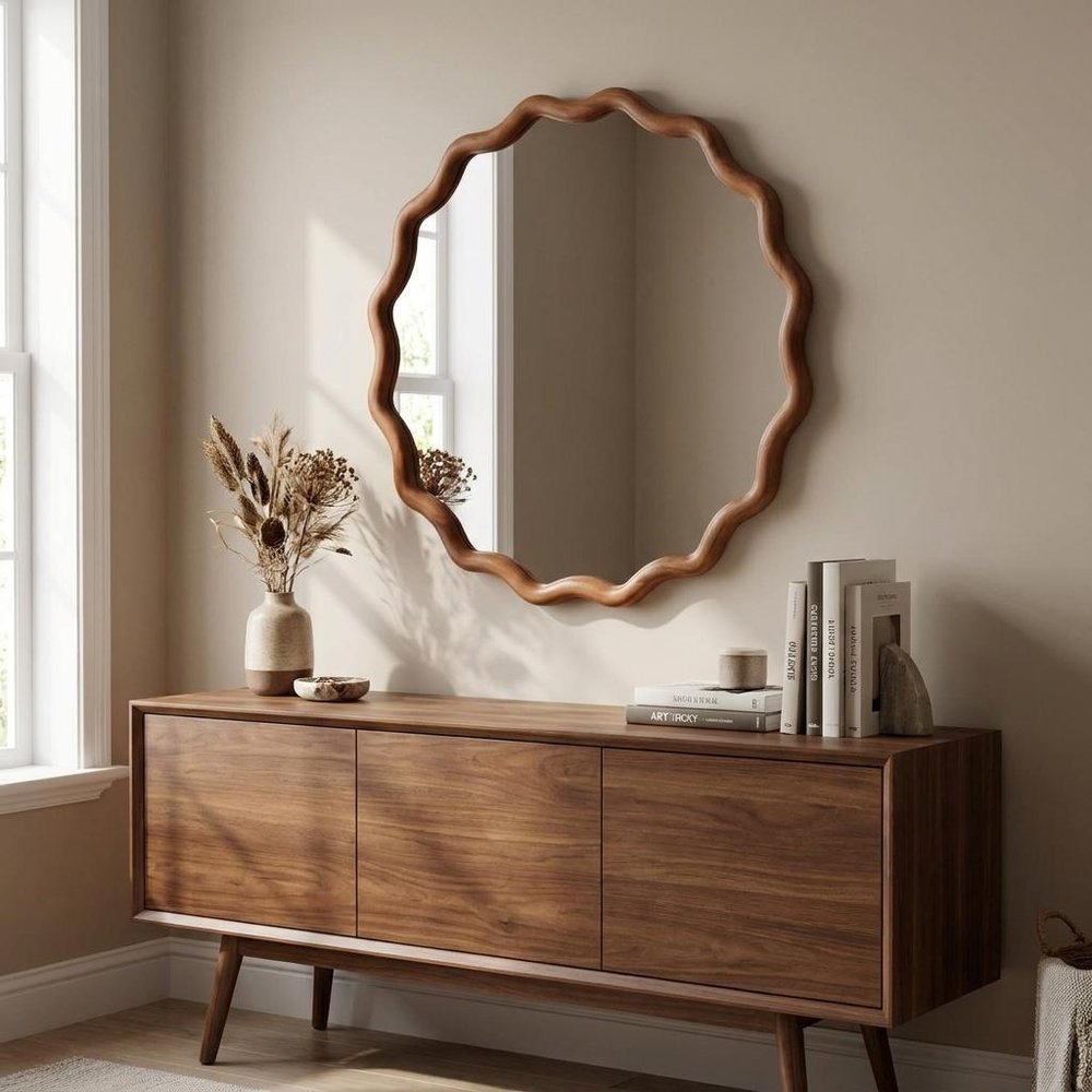 36" Golden Brown Solid Wood Scalloped Framed Accent Mirror