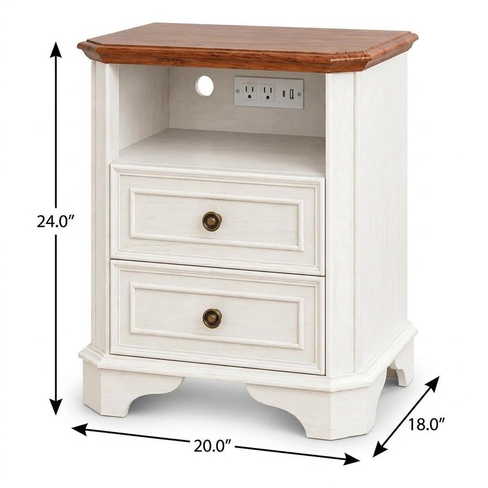 24" White And Brown Wood Two Drawer Nightstand with USB Port and Integrated Tech