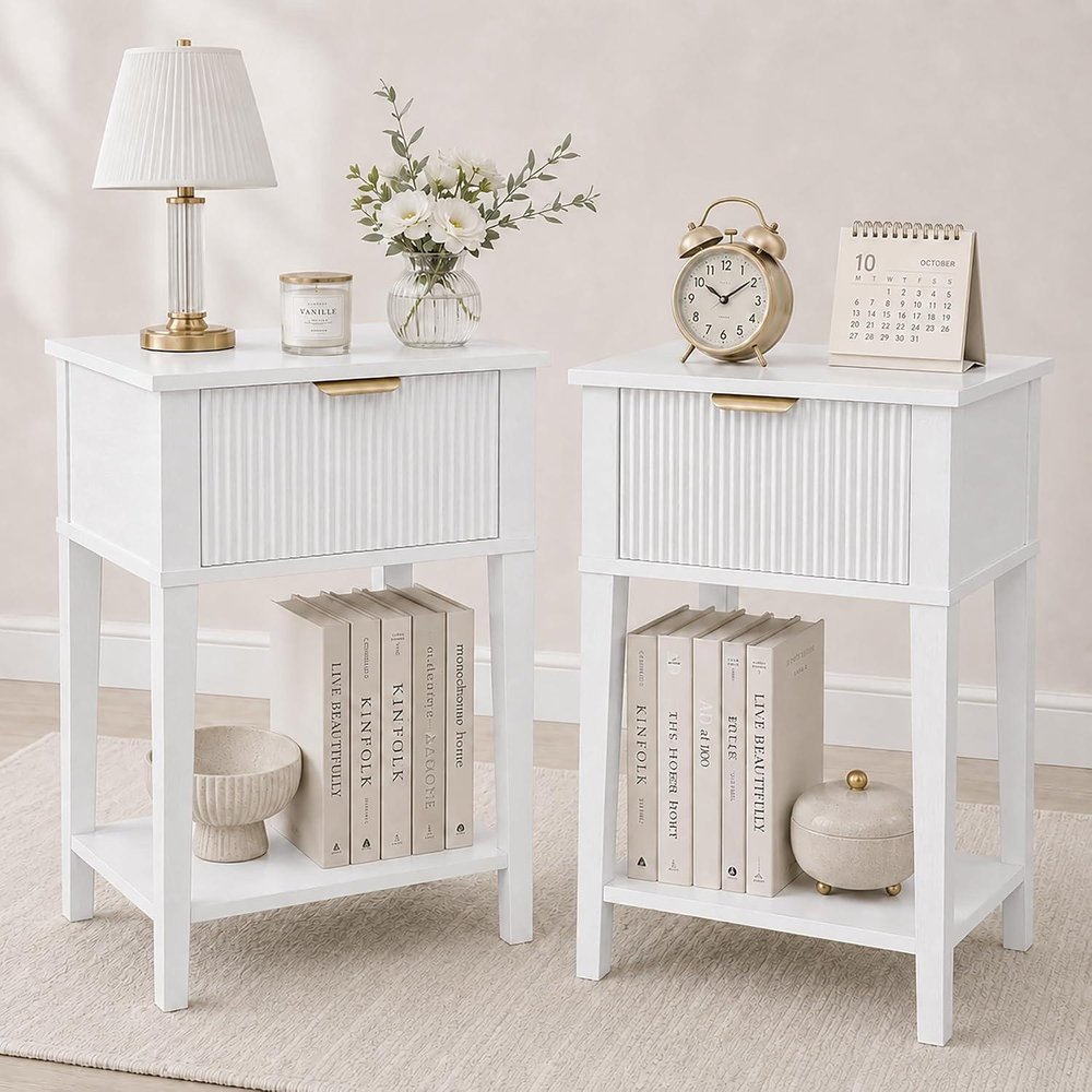Set of Two 23" White Wood Ribbed Texture One Drawer Nightstand