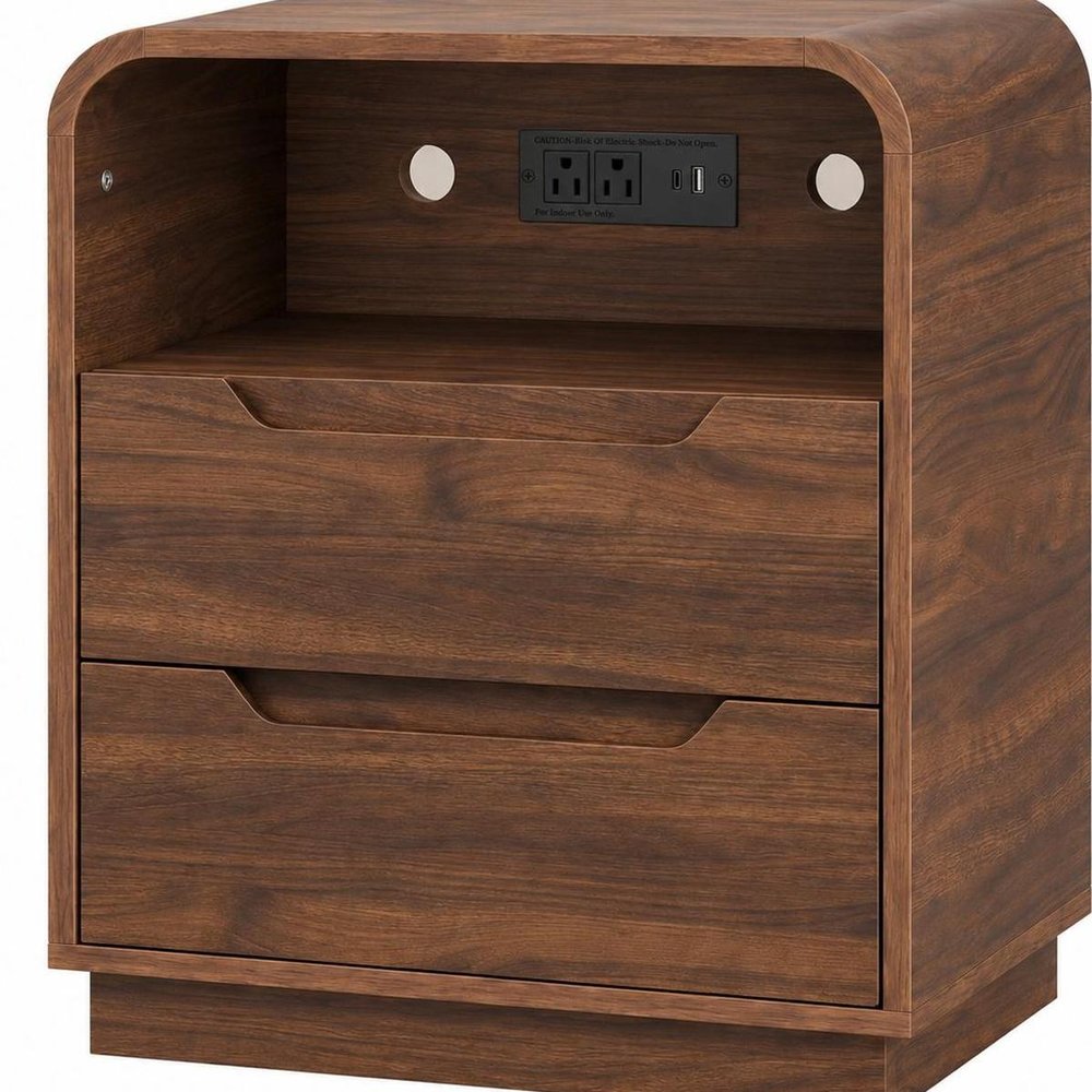 24" Natural Wood Two Drawer Nightstand with USB Port and Integrated Tech