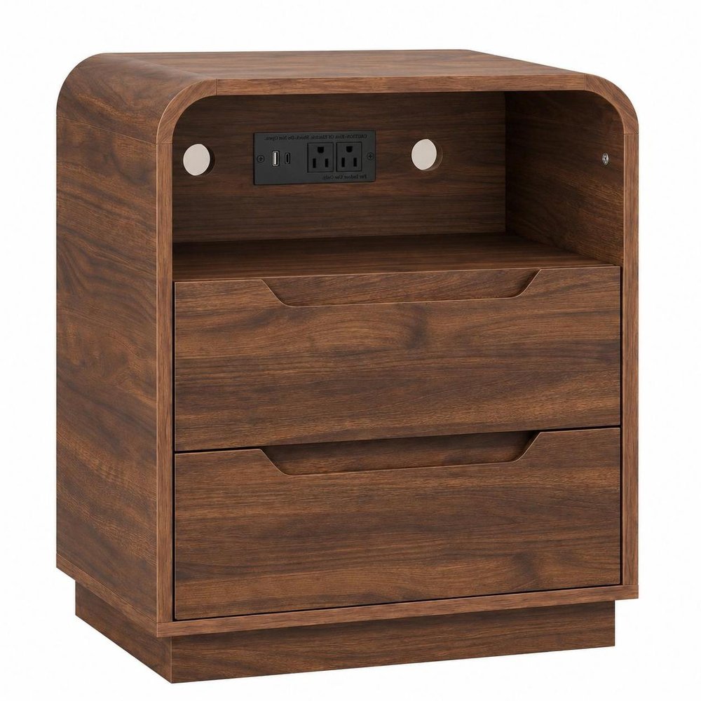 24" Natural Wood Two Drawer Nightstand with USB Port and Integrated Tech